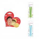 Kit pour biscuit en relief Coeur + 2 Stylos au chocolat vert clair et bleu pastel