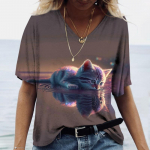 Moteri&scaron;ki mar&scaron;kinėliai Kawaii Cat Print 3D mar&scaron;kinėliai Top mergaičių Y2k drabužiai Vasariniai trumpomis rankovėmis mar&scaron;kinėliai V formos i&scaron;kirpte, laisvalaikio atostogų moteri&scaron;ki mar&scaron;kinėliai S