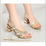 Vasarinės povas deimantiniai stori kulniukai basutės Bling gėlė spalvingi kalnų kri&scaron;tolo bateliai auk&scaron;takulniai seksualios moterys prabanga string karoliukai batai 33(Foot21.5cm) auksas