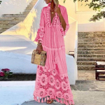 Boho nėrinių kutais puo&scaron;ta ilga suknelė pavasariui/vasarai 4XL rožinė