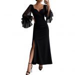 Moteri&scaron;ka V formos i&scaron;kirptės maksi suknelė Seksuali tinklinė ilgomis žibintuvėlio formos rankovėmis su skeltuku Ilga vakarinė suknelė Kokteilių vakarėliui Formali suknelė S juoda