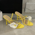 Madingos Seksualios PVC Skaidrios Gėlių Siauros Juostelės Moteri&scaron;kos Basutės Gatvės Stiliaus Atviras Pir&scaron;tas Ploni Auk&scaron;ti Kulniukai Party Prom Avalynė Zapatos De Mujer 35 geltona