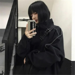 Gotikinės juodos striukės su užtrauktuku, moteri&scaron;kos rudeninės Harajuku mados vintažinės estetinės gatvės aprangos tendencijos Laisvos striukės koledžo paltai