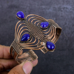 Lapis Lazuli Gemstone Handmade Copper Wire Wrap Cuff Bangle Adjustable h6n75