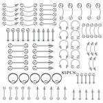 85 vnt./rinkinys Titano plieno liežuvio, lūpos, nosies, bambos žiedas kūno auskarų vėrimo papuo&scaron;alai Lūpų nagai Liežuvio nagai Antakių nagai Pilvo žiedas I&scaron;skirtiniai kūno papuo&scaron;alai One Size