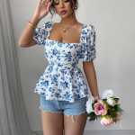Women Tops Sexy Blouse Square Collar short Sleeve Floral print Shirt Puff Sleeve Ruffle Tunic Crop Top Summer pullover Tube Top S