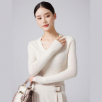 Fengxun Women's 100% Pure Wool U-Neck Long Sleeve Slim-Fit Sweater M