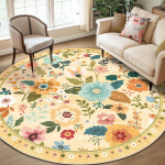 Boho Gėlių Juodas Apvalus Kilimas Spalvingas Liaudies Meno Gėlių Drugelių Apskritas Kilimas Svetainei Miegamajam Koridoriui Dekoracija 120x120cm