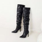 lenkisen PU rudeniniai žieminiai batai smailiais pir&scaron;tais Super Stiletto auk&scaron;takulniai žirgų batai klostuoti i&scaron;laiko &scaron;ilumą Madingi batai vir&scaron; kelių 34 juoda