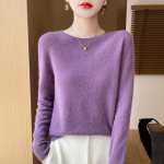 Moteri&scaron;kas 100% grynos vilnos laisvo mezgimo puloveris rudeniui/žiemai crew neck, XL violetinė