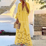 Boho nėrinių kutais puo&scaron;ta ilga suknelė pavasariui/vasarai 2XL geltona