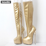22 cm itin auk&scaron;takulniai batai JIALUOWEI moteri&scaron;kos platformos auksiniai metaliniai kulnai iki kelių iki auk&scaron;tų PU odos užtrauktuku Seksualūs feti&scaron;o batai 42 auksas