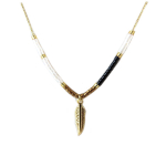 7bis [Q1532] - Collier artisanal 'Boho' noir beige dor&eacute; (plume) - 12x4 mm juoda