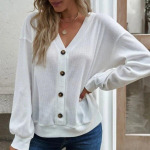 Rudeninis plonas laisvalaikio mezginys, vientisas mygtukas V formos i&scaron;kirpte megztas moteri&scaron;kas megztinis Laisvas plonas ilgomis rankovėmis megztinis Moterų biuro paltas 28756 S balta