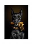 Madingas juodasis dobermano &scaron;unų liūtas su pistoletu Plakatas, drobė, tapyba, prabangus gyvūnas, sienos paveikslas, skirtas svetainės namų dekoravimui 70x100cm No Fram