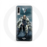Coque pour Samsung Galaxy A50 Vikings S&eacute;rie Saison 6 Ragnar Lothbrok logo V Ep&eacute;e Gris Fond Brouillar