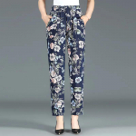 WTEMPO Didelio dydžio auk&scaron;tu elastingu juosmeniu laisvos kasdienės kelnės su ki&scaron;enėmis moterims ledinio &scaron;ilko plonos margintos plačios kelnės One Size