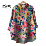 Moteri&scaron;ki mar&scaron;kinių atvartas 3/4 rankovėmis, sagomis i&scaron;kirpte Mar&scaron;kinėlių vir&scaron;ūnės, margintos gėlėmis, laisvai tinkantys laisvalaikio mar&scaron;kiniai Ploni palaidinė Gatvės apranga L mėlyna/raudona