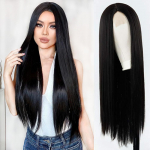 Sintetinis ilgas tiesus perukas, madingas prailginamas nėriniuotas priekinis perukas be kirpčiukų Juodas perukas moterims kasdieniam Cosplay dėvėjimui 60cm