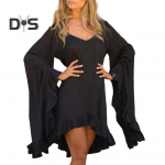 Moteri&scaron;ka V kaklo platėjanti mini suknelė ilgomis rankovėmis vienspalvė, netaisyklingos rauk&scaron;lės, vienspalvė laisvalaikio trumpa atostogų suknelė 2XL tamsiai rausva spalva