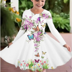 Mergaitės kasdieninė suknelė su drugelių, gėlių, žvynų ra&scaron;tu, apvalia i&scaron;kirpte, ilgomis rankovėmis, vaiki&scaron;ka princesės suknelė 140