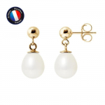 PERLINEA - Boucles d'Oreilles Com&egrave;te - V&eacute;ritables Perles de Culture d'Eau Douce 7-8 mm Blanc Naturel - Or Jaune - Bijoux Femme