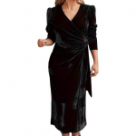 Moteri&scaron;ka ilgomis rankovėmis su kryžiuotu V formos kaklu, vienspalvė, su dirželiais juosmenyje, aksominė midi suknelė 2XL juoda