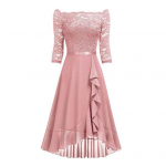 Seksuali suknelė nuo pečių, juosmens apimties vidutinio dydžio suknelė su nėriniais sujungiama puse rankovių M rožinė