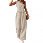 Moteri&scaron;kas vasarinis dviejų dalių komplektas: berankovė V formos i&scaron;kirptės užsegama liemenė ir auk&scaron;to liemens plačių kelnių komplektas, kasdienis kostiumėlis biuro damai S abrikosas