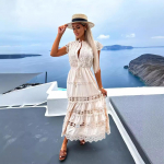 Balta nėrinių sujungimo tu&scaron;čiavidurė ilga suknelė moterims vasarinė siuvinėjimo maxi saulės suknelė vintažinė be rankovių auk&scaron;to juosmens mar&scaron;kinėliai chalatas moteri&scaron;kas XL abrikosas