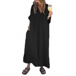 Moteri&scaron;ka laisva maksi suknelė V formos i&scaron;kirpte, trumpomis rankovėmis, ilga suknelė vasarai, kasdienė A formos paplūdimio suknelė su ki&scaron;enėmis L juoda