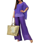 Vasaros mada Vienspalvis &scaron;ifono kostiumas moterims Kasdienis apvalios i&scaron;kirptės &scaron;ik&scaron;nosparnio rankovių blizgučiais puo&scaron;tas topas Plačių kelnių dviejų dalių komplektas XXXL violetinė