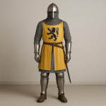 Viduramžių riterio &scaron;arvų komplektas su geltonu tunika Rankų darbo grandininis &scaron;arvas Plieniniai &scaron;arvai LARP, Istorinis atkūrimas, Cosplay, Helovino kostiumas