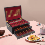 39x29x17.5cm Pu&scaron;ies mediena 3 pakopų medinis stalo įrankių skrynios,Rankų darbo juoda raudona laikymo dėžė, stovinti laisvai namams, restoranams 3-tier