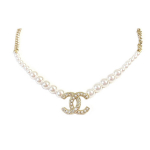Chanel dvigubas C metalinis imituoto perlo vėrinys moterims Auksinis perlo baltumo AB6549-B06135-ND169 Box+Padding Board,F,Gold/Pearl White