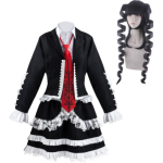 Anime Danganronpa žaidimo Cosplay kostiumas, Enoshima Junko uniforma, kavos darbo drabužiai, trumpas sijonas, Monokumos galvos apdangalas XXL gelsvai ruda