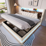 180 &times; 200 cm mink&scaron;ta lova su daiktadėže, aksominė lova su daugiafunkcionalia galvūgale, LED ap&scaron;vietimas, 2 USB ir Type-C prievadai, hidraulinė, smėlio spalvos smėlis