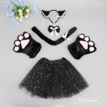 Rankų darbo kačių ausų lankelių rinkinys su letenėlių pir&scaron;tinėmis ir uodega Vaikų kostiumas Gyvūno vaidmenų žaidimas Black Cat Ear Headband Paw Tail Set - Black Dress black