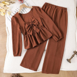 Eleganti&scaron;kas mergaičių komplektas: Pavasarinis/Rudens vaiki&scaron;kas madingas mozaikinis dviejų dalių komplektas su peteli&scaron;ke ant nugaros 140cm=9Y brown
