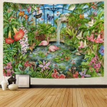 Gėlių gobelenas ant sienos tvirtinamas Bohemijos psichodelinis tropinis gyvūnas flamingas didelis gobelenas estetinė namų puo&scaron;mena 230x180cm