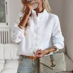 Moteri&scaron;ki dryžuoti ilgi mar&scaron;kiniai su rai&scaron;teliais apykakle su mygtuku žemyn vir&scaron;utiniai rudeniniai žiemos balti mar&scaron;kiniai biuro moterims Palaidinė