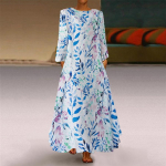 Pavasario rudens medvilninio lino, atostogų modelio &bdquo;Maxi&ldquo; suknelės Atostogų kelionės Vintažinė suknelė su apvaliu kaklu ilgomis rankovėmis moterims L mėlyna