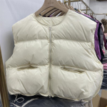 Moteri&scaron;ka rudeninė žiemos stora &scaron;iluminė, besiūliai trumpa pūkinė liemenė be rankovių O formos i&scaron;kirpte Laisva balta antienos pūkinė striukė Liemenė, tinkanti eleganti&scaron;ka One Size smėlis