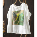 Dviejų sluoksnių medvilninių verpalų mar&scaron;kiniai Vintažiniai gėlėmis marginti apvalia apykakle, moteri&scaron;ka medvilninių siūlų palaidinė trumpomis rankovėmis, dideli japoni&scaron;ki korėjiečių mar&scaron;kiniai One Size