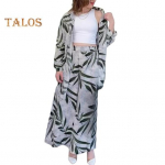 2 vnt./kompl. Moteri&scaron;kų mar&scaron;kinių ir kelnių komplektas Atlenkiamas apykaklė Vienaeilis Lapų ra&scaron;tas Ilgomis rankovėmis Laisvas Vidutinio ilgio vir&scaron;us Elastingas juosmuo Plačių kojų kelnės Sportinis M tamsiai žalia spalva