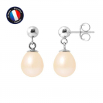 PERLINEA - Boucles d'Oreilles Com&egrave;te - V&eacute;ritables Perles de Culture d'Eau Douce 7-8 mm Rose Naturel - Or Blanc - Bijoux Femme