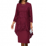 1 rinkinys Skaros suknelės su gėlių ra&scaron;tu i&scaron;siuvinėtais nėriniais Eleganti&scaron;kas įtemptas kaklo vidurio blauzdos i&scaron;kilmingų suknelių rinkinys vakarėliui 2XL vyno raudonos spalvos