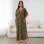 Moteri&scaron;kos mados vasaros pavasario gėlių ra&scaron;tų spausdinimas 1/2 rankovėmis V formos i&scaron;kirpte laisvos juosmens kasdieninės suknelės Size: One Size