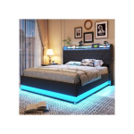 LED lova - MUVOE - 140x200 cm - Pilkas lininis audinys - USB įkrovimas - Hidraulinis saugojimas