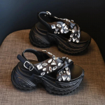 Mada 8cm Sintetinio audinio Mikropluo&scaron;to Moteri&scaron;kos Platformos Plei&scaron;tiniai Sandalai Vasaros Blizgučiai Kasdieniai Atviri Batai Kalnų kri&scaron;tolas &Scaron;lepetės Tu&scaron;čiaviduriai 34 juoda